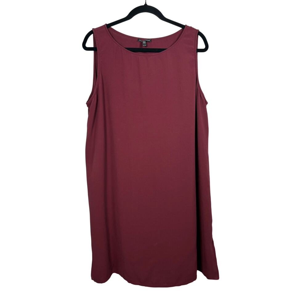 Eileen Fisher Silk Shift Dress Burgundy Sleeveless Minimalist Clean Girl Luxe XL